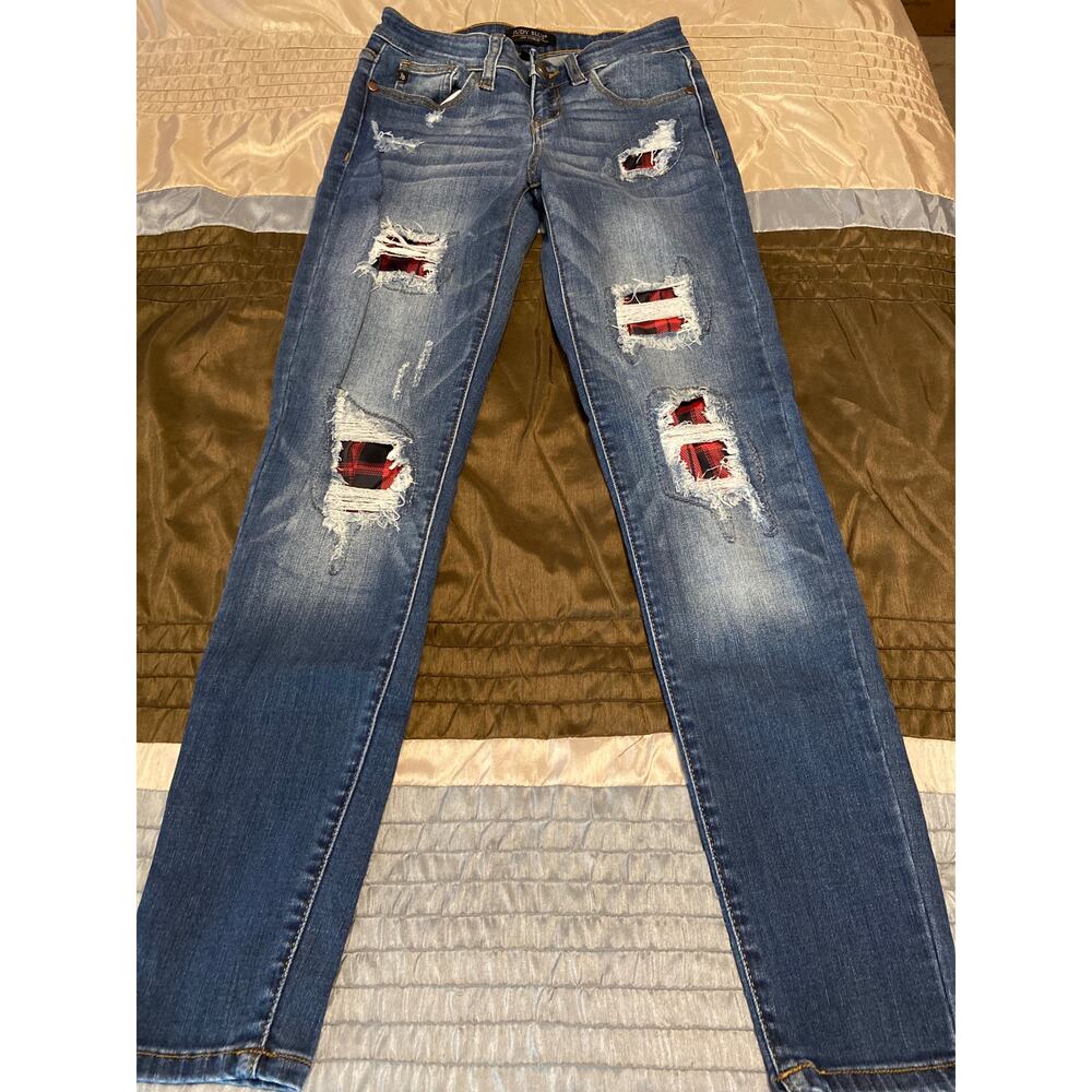 Judy Blue Buffalo plaid patch distressed destroyed skinny Jeans size 1/25
